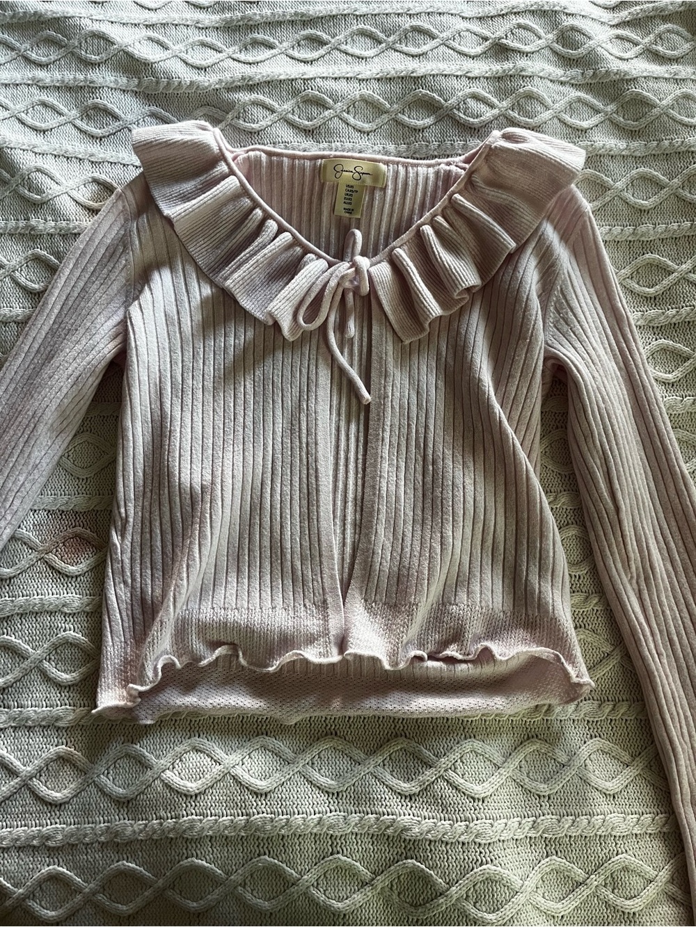 Jessica Simpson Ruffled Collar Ribbed Cardigan - Light Pink- Size XS - Picture 5 of 8